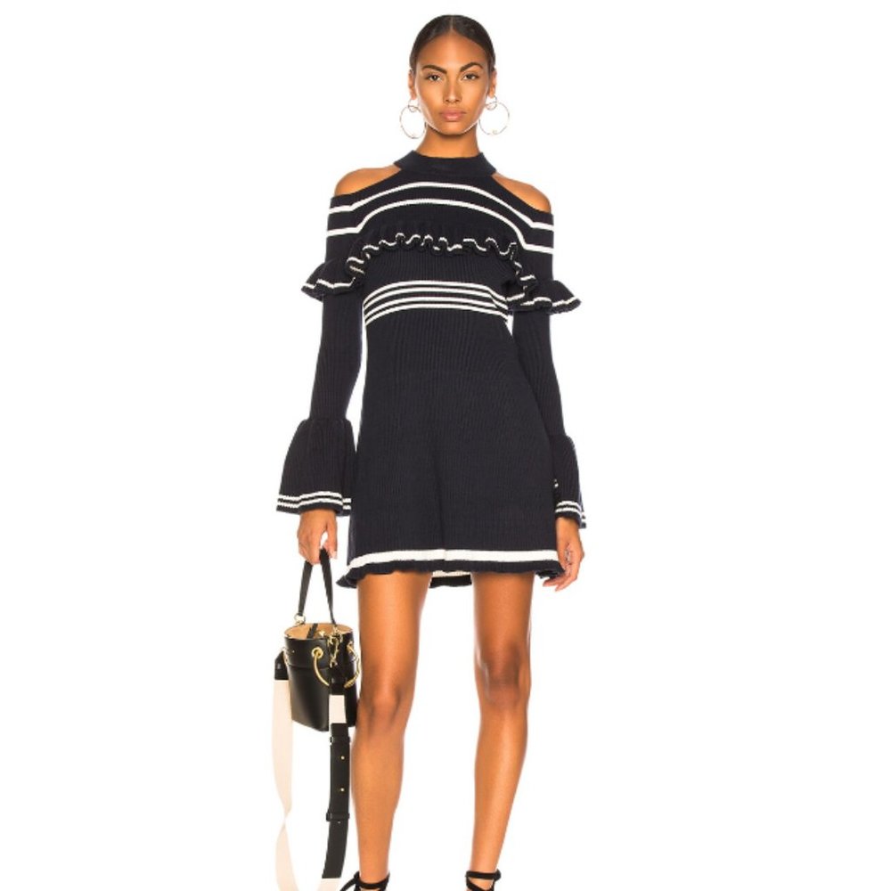 NWT Self-Portrait Navy & White Striped Ribbed Ruffle Shift Dress W/ Cutouts Sz M